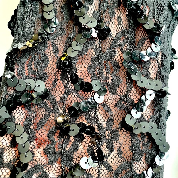 Vintage 90s Black Sequin Lace Mini Dress Long Sleeves Sexy Bodycon Stretch - Picture 5 of 6